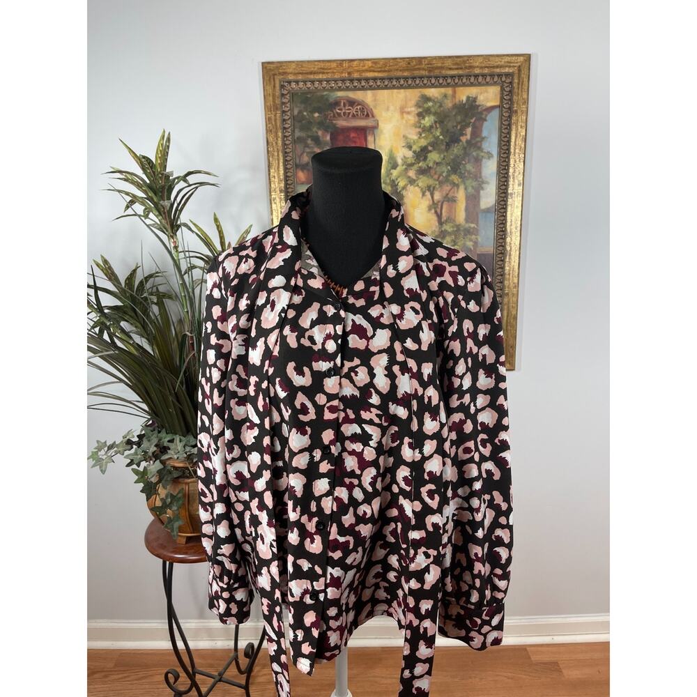 Charlie Paige Blouse Womens Large Black Geometric Print Corporate Neck Tie Boho